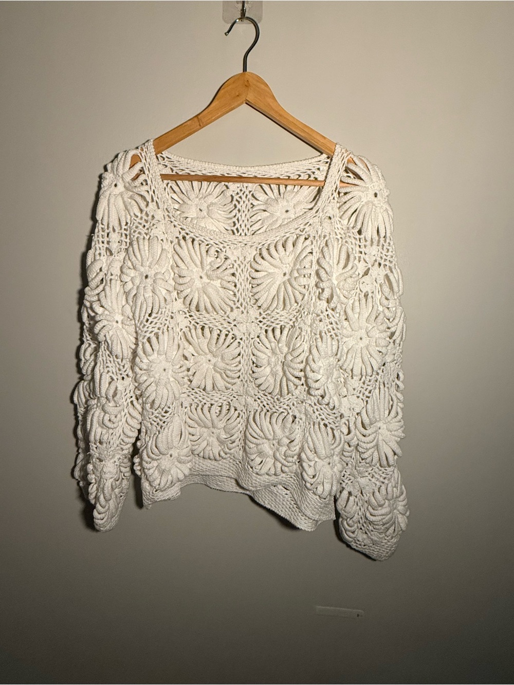 Crochet Floral Openwork Sweater - Cream